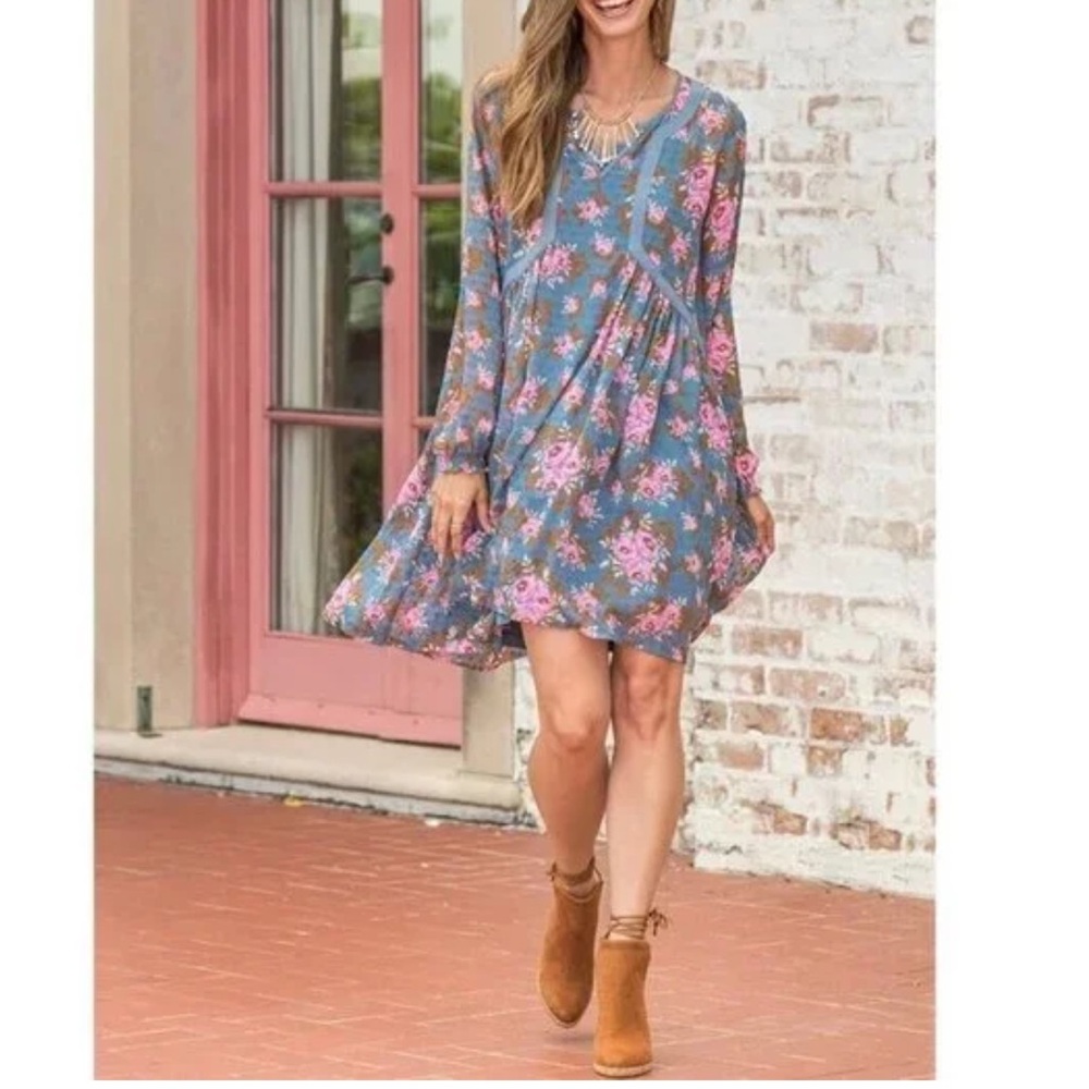 Matilda Jane To The Nines Swiss Dot Floral Long Sleeve Blue Pink Dress XS